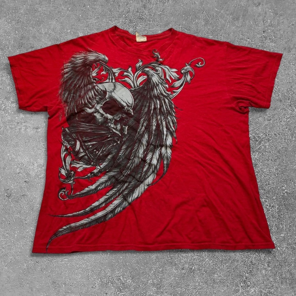 Gildan Red Skull Wings Graphic T-Shirt Mens Large Y2K Affliction Style Cotton